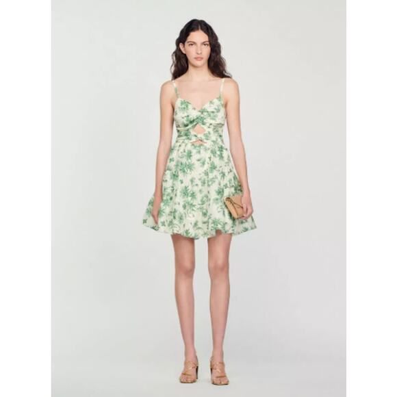 Sandro Nances Palm-tree-print Minidress In Verts - Picture 1 of 13